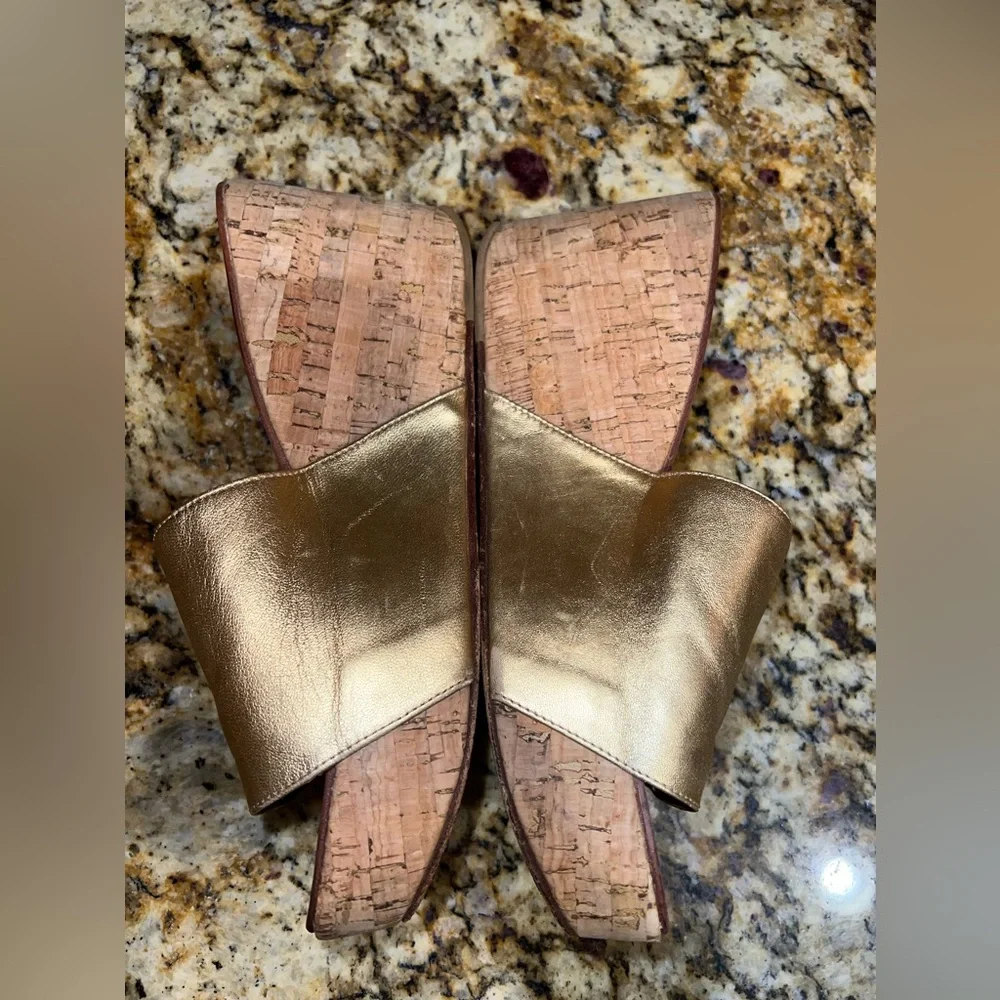 Diane Von Furstenberg DVF Metallic Gold Leather Slide Cork Wedge Sandals 9M - Picture 5 of 10